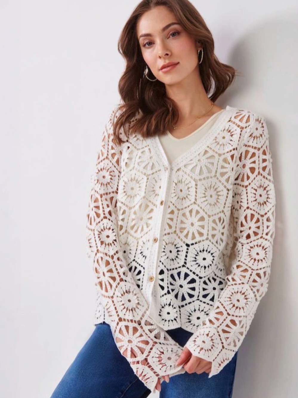 Charlie Paige Ivory Crochet Cardigan Lace Boho NWT Large - Picture 3 of 6